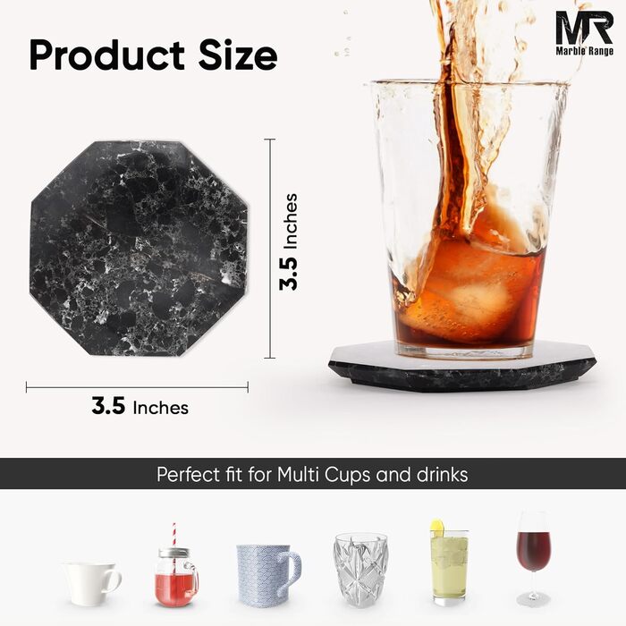 Підставки під чашки з оніксу, 8.9 см, ручної роботи, з підставкою, 6 шт. (Чорні) - для офісу, напоїв, кави, бару та обіднього столу