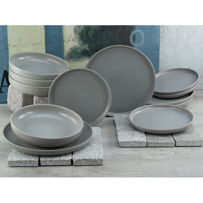 Серия Uno набор посуды из 16 предметов, керамогранит комбинированный сервиз (серый, посуда из 12 предметов), 22978