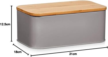 Хлібниця Zeller 25377 з бамбуковою кришкою, металева, матова, приблизно 42,5 x 23 x 13 см, хлібниця з вентиляційними отворами, для зберігання хліба, прямокутний контейнер для хліба, проста хлібниця в сучасному кольорі (сіро-коричневий, 31 x 18 x 12,5 см)