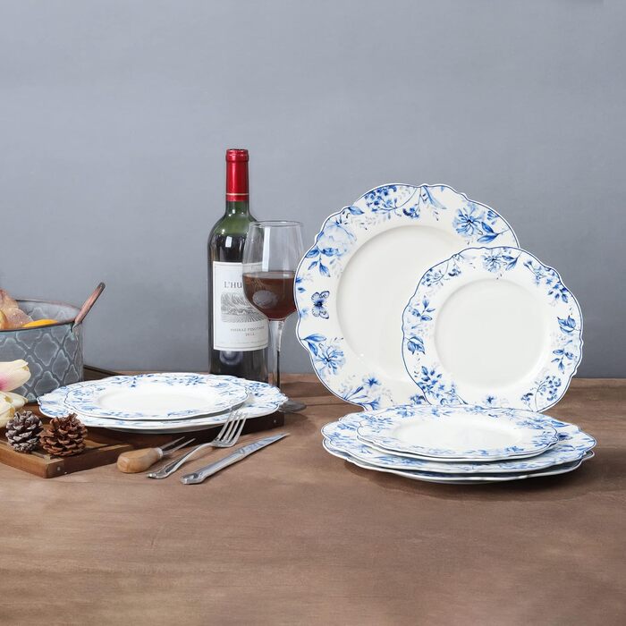 Набір із 4 тарілок для торта fanquare, порцелянові тарілки для хліба з блакитним квітковим візерунком, тарілки для торта Ø 21 см, тарілки для пасти, десертні тарілки, можна мити в посудомийній машині та використовувати в мікрохвильовій печі, блакитний кві