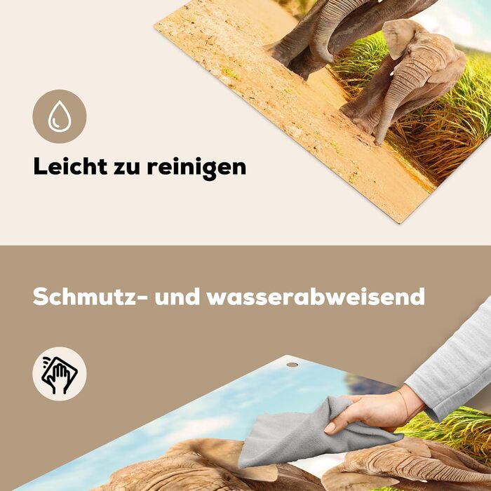 Фартух для плити, кухонний фартух, вініл, 78x52 см, декор для кухні, облицювання стіни, кришка для плити - сіро-чорна (слони - тварини, 78Д x 78Ш см)