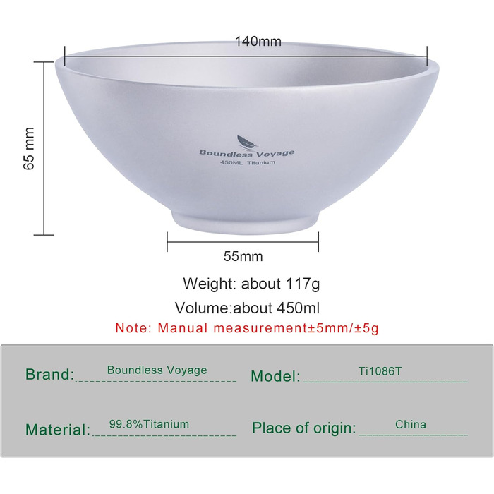 Безграничный Вояж Титановая Чаша С Двойными Стенками Для Взрослых Детей На Открытом Воздухе Кемпинг Посуда На Открытом Воздухе Миска Титановый Рис Миска (450мл-ti15148b.)