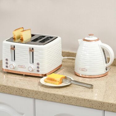 Набір для сніданку HOMCOM Kettle Toaster Set з чайником 1,7 л, тостером на 4 скибочки, 2200 Вт, 7 рівнів підрум&39янення, розморожуванням, розігрівом та лотком для крихт, термостатом Otter, кремово-білим