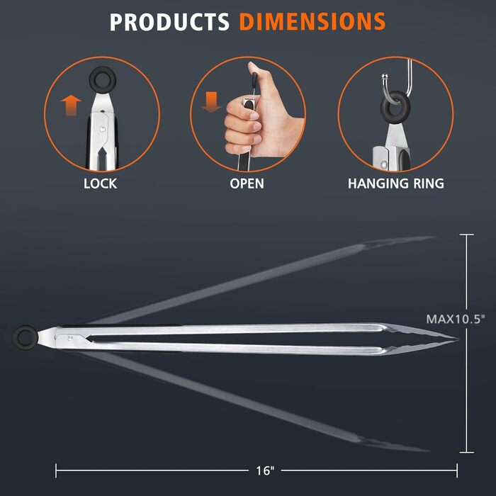 Щипці для гриля HOTEC з нержавіючої сталі з термостійкою силіконовою ручкою, металеві щипці, що замикаються, нековзне покриття, 23 см та 30,5 см (чорні) (чорні)