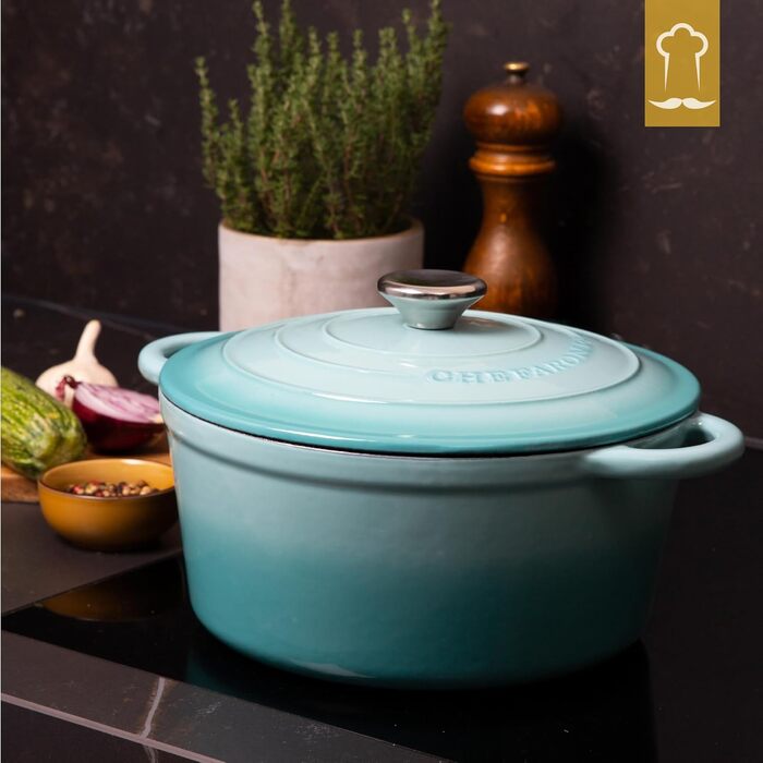 Чавунна каструля Chefarone 24 см, Емальована каструля з кришкою для випікання хліба, тушкування та запікання Індукційна каструля для хліба (синя, 4,7 л)