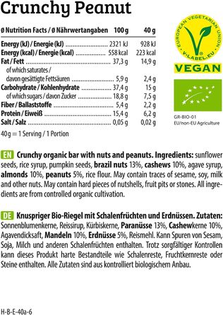 Органічні горіхові батончики - Низьковуглеводна закуска з горіхами - Веганський енергетичний батончик з мигдалем, фундуком та арахісом - Без глютену - Мигдаль та морська сіль 12 x 40 г Мигдаль та морська сіль 12 шт. (1 упаковка) (Хрумкий арахіс, 12 шт. (1