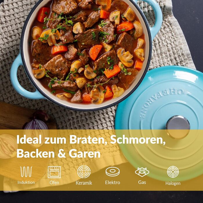 Чавунна каструля Chefarone 24 см, Емальована каструля з кришкою для випікання хліба, тушкування та запікання Індукційна каструля для хліба (синя, 4,7 л)