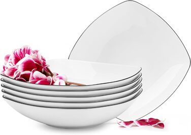 Консімо. Набір з 6 супових тарілок - Тарілки для пасти - Глибокі тарілки - на 6 персон - Порцелянова миска - Салатна тарілка для мікрохвильової печі CARLINA - 20x20см - 900 мл - (Чорні краї)