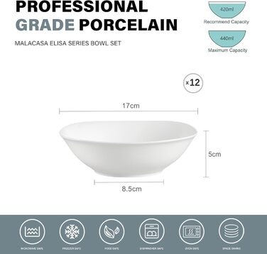 Серія Elisa, 12-предметний кавовий набір з кремового порцеляни, кавові чашки та блюдця на 6 осіб для кави, чаю, десертів (білий, миска для пластівців (12 шт.))