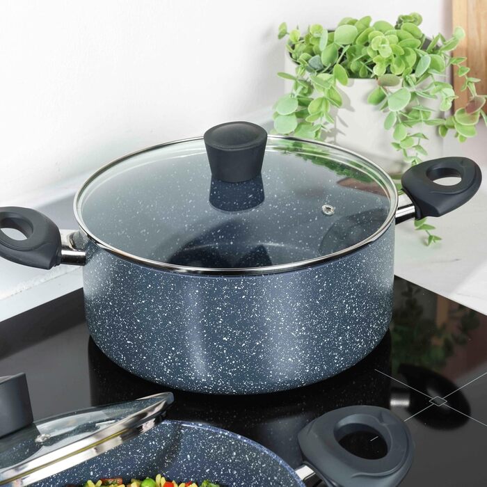 Каструля Russell Hobbs RH00845EU з антипригарним покриттям - 18 см/2 л з кришкою із загартованого скла, індукційна каструля, каструля для овочів/супу з бакелітовою ручкою та термостійким зовнішнім покриттям, камінь Nightfall (2,5 літра)