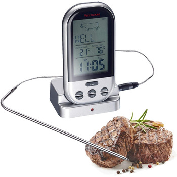 Цифровой термометр для мяса Westmark, с функцией сигнализации, для стояния или подвешивания, нержавеющая сталь/пластик, серебристый/черный, 12912280 (беспроводной)