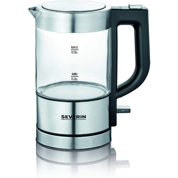 Міні-скляний чайник SEVERIN, потужний та компактний чайник у високоякісному дизайні, електрочайник з фільтром від накипу, нержавіюча сталь/чорний, WK 3472, 0,5 л