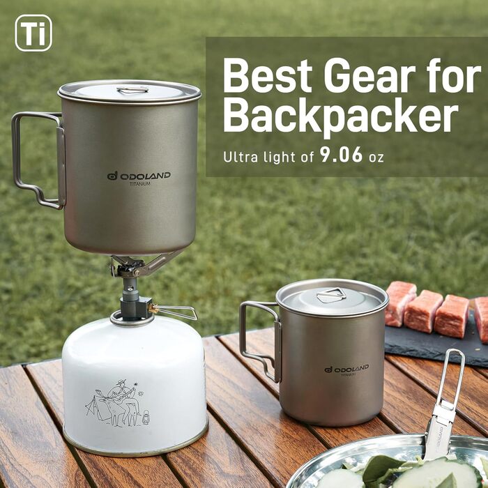 Набор туристических титановых чашек с крышкой и ложкой-вилкой Odoland
