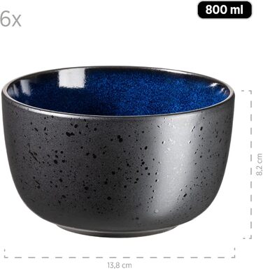 Сучасний набір посуду на 6 персон у захоплюючому вінтажному образі, сервіз для сніданку з 18 предметів з кераміки сірого та чорного кольорів, керамограніт (посуд для сніданку 18 шт., синій), 934020 Series Niara