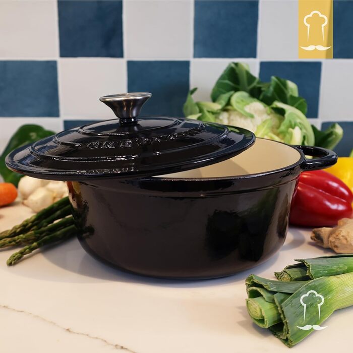 Чавунна каструля Chefarone 24 см, Емальована каструля з кришкою для випікання хліба, тушкування та запікання Хлібна каструля, сумісна з індукцією (чорна, 4,7 л)