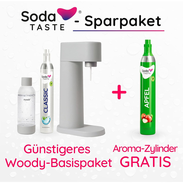 Набор для газирования воды, 4 предмета, классик + яблоко, серый Mysoda Woody SodaTASTE