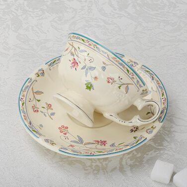 Набір чашок та блюдець Fanquare з вінтажним квітковим візерунком, кістяний фарфор, для еспресо, капучино та кави, з блюдцем та ложкою, подарунок для вечірки (синій)