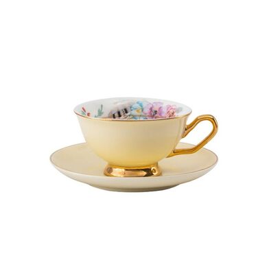 Набір порцелянових кавових чашок з блюдцями, післяобідній чай з блюдцями та ложками, вінтажні кавові чашки, кавова чашка в європейському стилі для чаю та кави, сніданок вдома (жовтий)