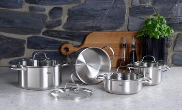 Набір посуду Fissler San Francisco/Нержавіюча сталь, 4 предмети, каструлі зі скляними кришками, індукційна (3 каструлі для приготування, 1 каструля для тушкування)