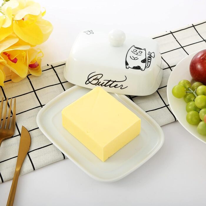 Маслянка з ручкою для 250 г вершкового масла, високоякісна кераміка, білий колір з квітковим та бджолиним візерунком, порцеляна, класична маслянка, дзвіночок для масла, маслянка, контейнер для масла, коробка для масла, можна мити в посудомийній машині (ка