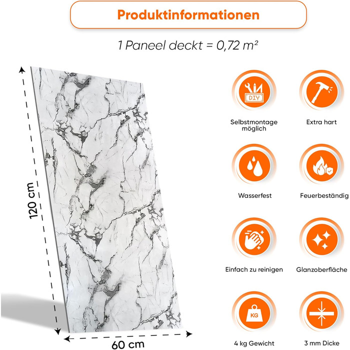 Стінові панелі IZODEKOR під мармур 60x120 см Панель для кухонного фартуха ПВХ-облицювання стін для кухні, ванної кімнати Бризкозахисний екран для кухні Водонепроникний та термостійкий (4 панелі 4 монтажних клею, Arctic Breeze)