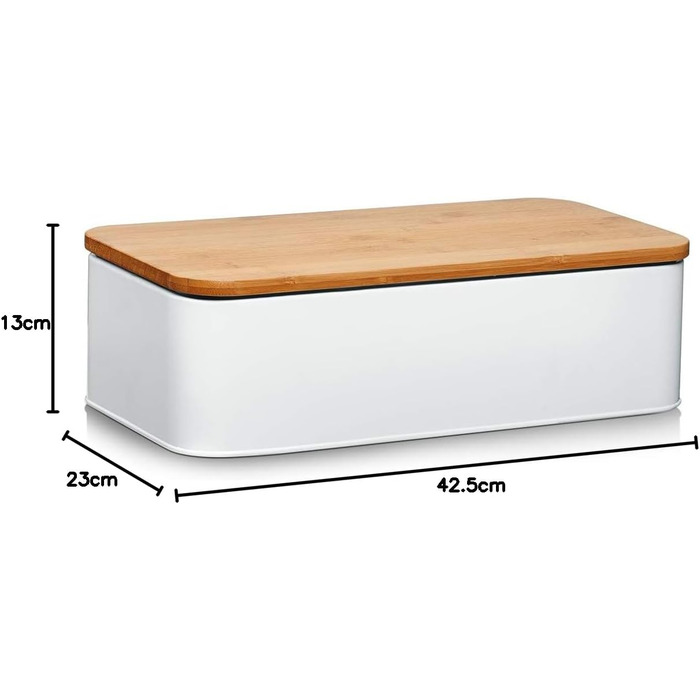 Хлібниця Zeller 25377 з бамбуковою кришкою, метал, матовий, приблизно 42,5 x 23 x 13 см, хлібниця з вентиляційними отворами, для зберігання хліба, прямокутний контейнер для хліба, проста хлібниця в сучасному дизайні (біла, 42,5 x 23 x 13 см)