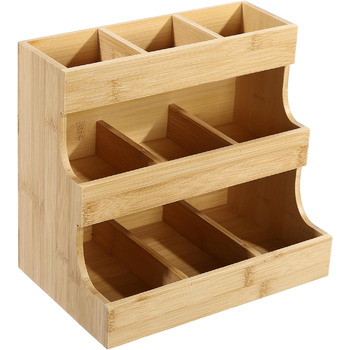 Тримач для чайних пакетиків з бамбука Qussse, 9 відділень, 3 рівні, органайзер для зберігання чайних пакетиків для дому, офісу, кафе, чайних будиночків Тримач для чайних пакетиків з бамбука Qussse, 9 відділень, 3 рівні, органайзер для зберігання чайних пакетиків для дому, офісу, кафе, чайних будиночків