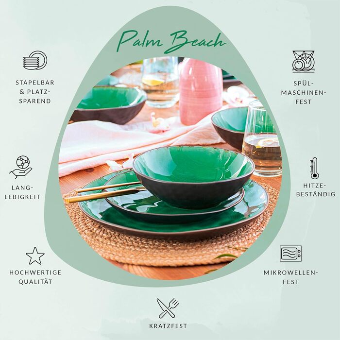 Набір фаянсового посуду на 4 персони, 12 предметів, зелений Palm Beach Sänger