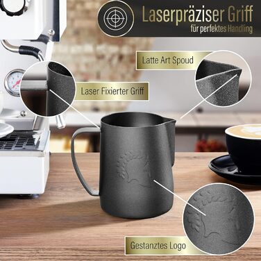 Глечик для молока Barista Legends з нержавіючої сталі 350 мл зі спеціальним носиком для лате-арту - Глечик для спінювання молока з високим глянцевим покриттям - Глечик для молока Barista з нержавіючої сталі - Аксесуари Barista (Ares Black)