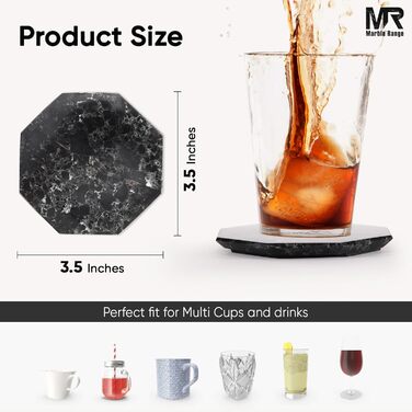 Підставки під чашки з оніксу, 8.9 см, ручної роботи, з підставкою, 6 шт. (Чорні) - для офісу, напоїв, кави, бару та обіднього столу