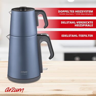 Електричний турецький чайник, 2200 Вт, чайник 3,5 л, скляний чайник 1,2 л, нержавіюча сталь, інтелектуальний контроль температури, захист від кипіння (39 см x 25 см x 20 см, колір Ocean Blue)