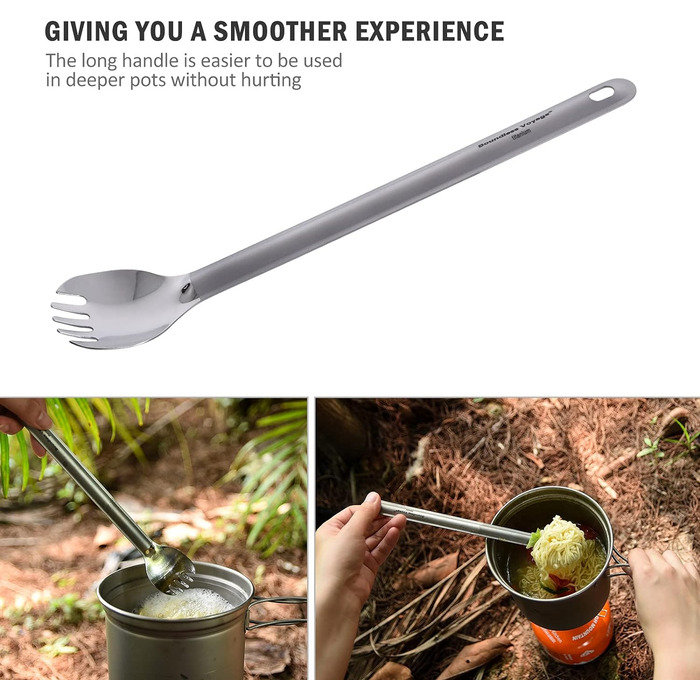 Безмежна подорож Outdoor Титанова ложка з довгою ручкою Spork Ультралегкий кемпінговий полірований посуд Набір столових приборів 2 шт. (Ti1510b)