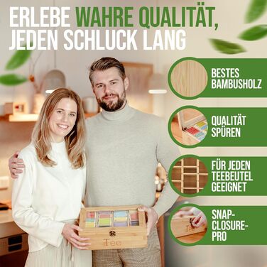 Чайна скринька преміум-класу NATURSCHMIED з вишневого дерева з 20 гнучкими відділеннями та оглядовим віконцем, (22,5 x 31 x 10 см) - посилені петлі міцна застібка - Елегантне сховище для чаю для справжніх любителів чаю (бамбук рівня А)