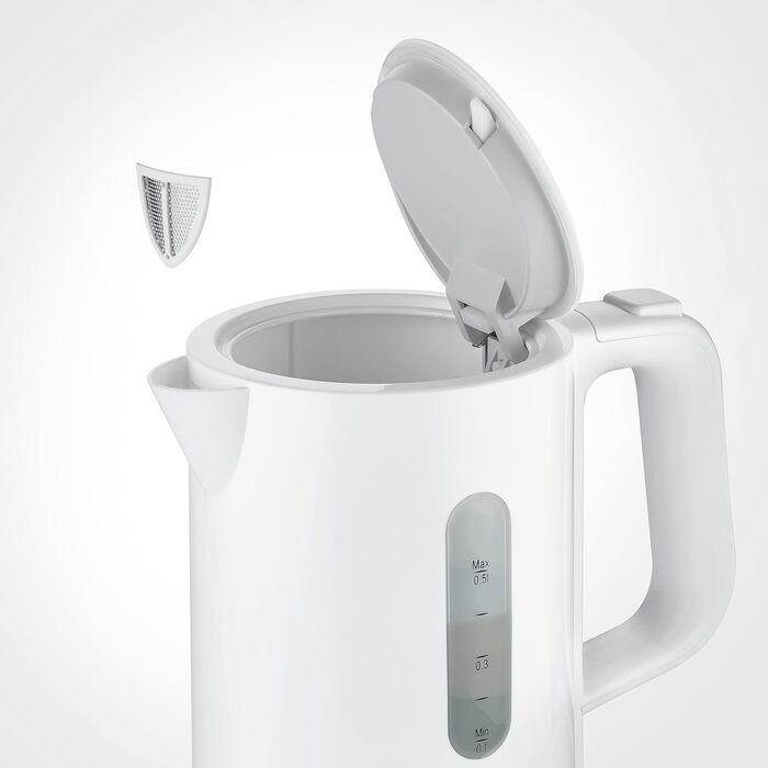 Мини-чайник на 0,5 л, электрический чайник с 2 пластиковыми стаканчиками и 2 ложками, матовая нержавеющая сталь/черный, WK 3647 (белый)