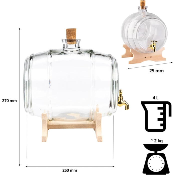 Стеклянный диспенсер бочки с краном 4 л SUPERBUTELKI.PL