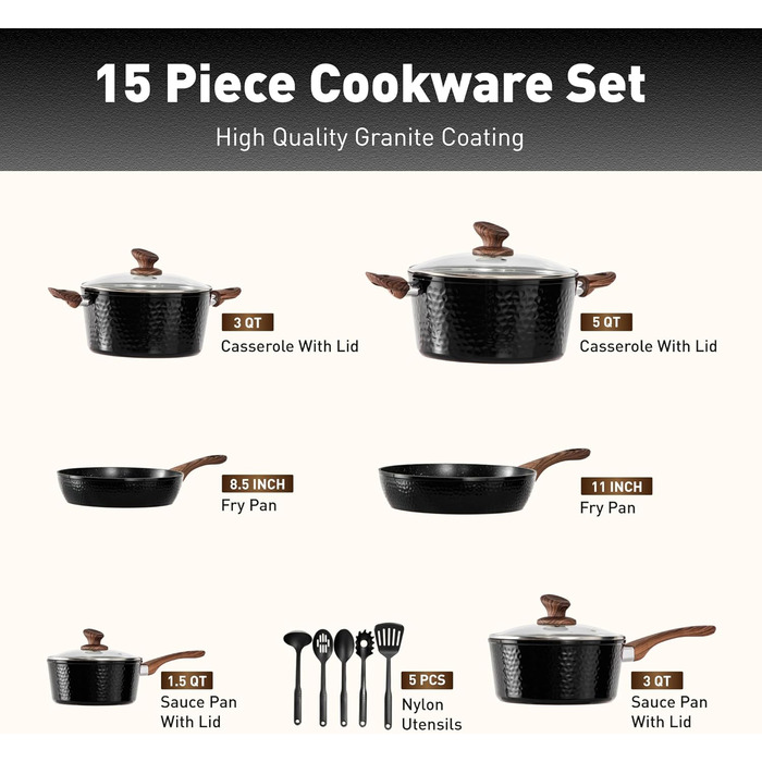 Набор кухонной посуды, 15 предметов, черный DishDelight