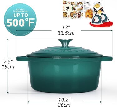 Чавунна форма для запікання Overmont Enamel - 26 см, придатна для використання в духовці, з кришкою та кулінарною книгою - для випікання, тушкування, запікання, білого кремового кольору (26 см-5,2 л, морський блакитний)