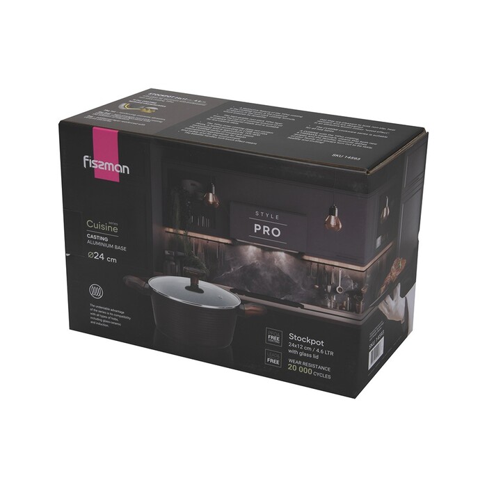 Кастрюля Fissman 24x12 см/4,6 л CUISINE со стеклянной крышкой алюминий с антипригарным покрытием (14593)