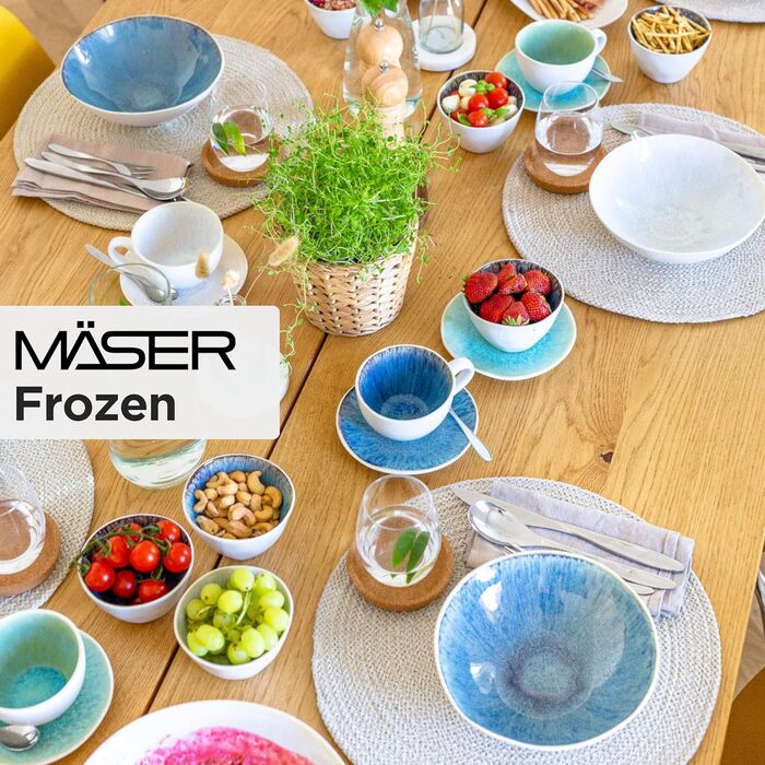 Набір мисок MSER Frozen з 9 предметів з красивої кераміки, 1 салатниця, 4 раменні та 4 миски для занурення, органічні форми у вінтажному вигляді, глазуровані вручну, керамограніт, синій, 26