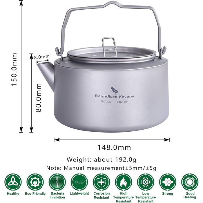 Титановий чайник для кемпінгу зі складними ручками 1 л Boundless Voyage