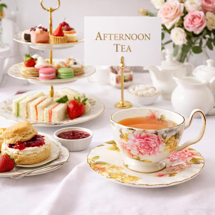 Керамічна чайна чашка з блюдцями та ложками (літо)