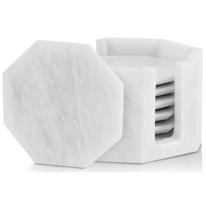 Підставки під чашки з мармуру з підставкою, 8.9 см, з оніксу, ручної роботи, для офісу, напоїв, кави та бару, на обідній стіл, набір з 6 шт. (Білі)