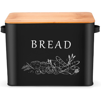 Металлическая хлебница с деревянной крышкой для нарезки хлебной доски, Очень большой хлебодержатель для большой буханки хлеба, Компактное хранилище для хлеба для кухонной столешницы, 33 x 18 x 24,5 см (Черный)