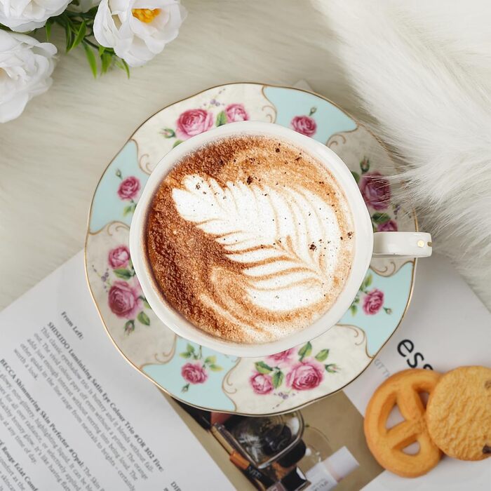 Чайні чашки з блюдцями Fanquare з квітковим візерунком, набір з 6 шт. , різноманітні пастельні квіткові порцелянові кавові чашки з золотим обідком, придатні для миття в посудомийній машині та заморожування (жовті та сині)