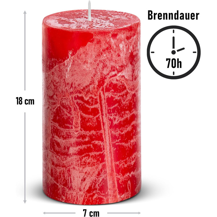 Набір із 4 свічок-стійок Brandsseller 7 x 10 см Однотонні та виготовлені з парафіну Сільські свічки з тривалим часом горіння Декоративні свічки для прикраси столу, Різдва та вечірок (7 x 18 см Набір із 4 шт. , червоні)