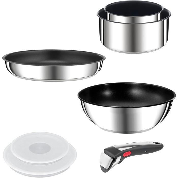 Набір посуду для індукційного приготування Tefal Ingenio Preference On з 15 предметів, зі знімною ручкою, що штабелюється, економить місце, з антипригарним покриттям, простий у використанні та чищенні, L97495 Набір посуду для каструль та сковорідок (Набір