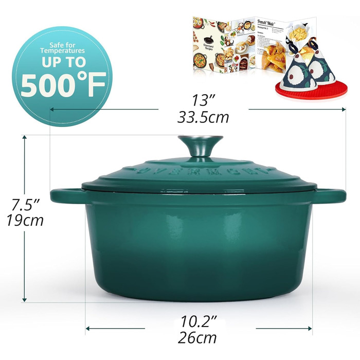 Чавунна форма для запікання Overmont Enamel - 26 см, придатна для використання в духовці, з кришкою та кулінарною книгою - для випікання, тушкування, запікання, білого кремового кольору (26 см-5,2 л, морський блакитний)