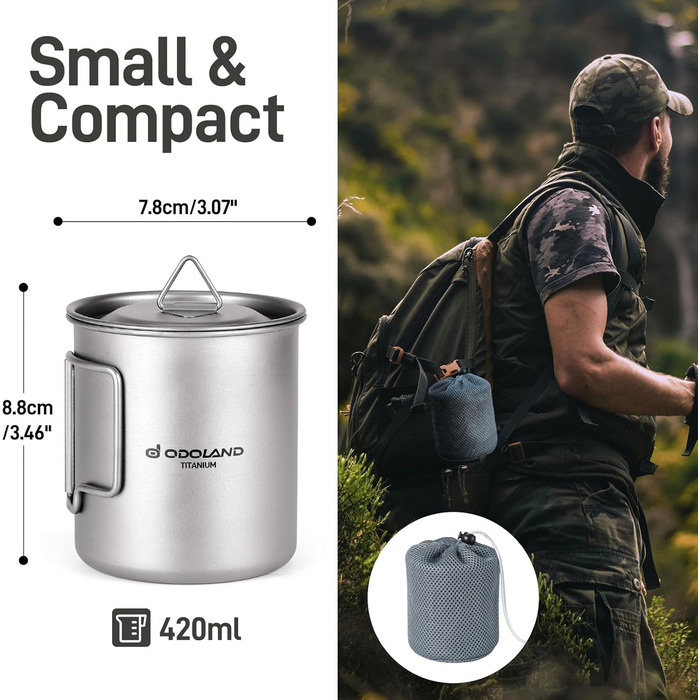 Титановая кружка с крышкой и ложкой-вилкой 420 мл Odoland