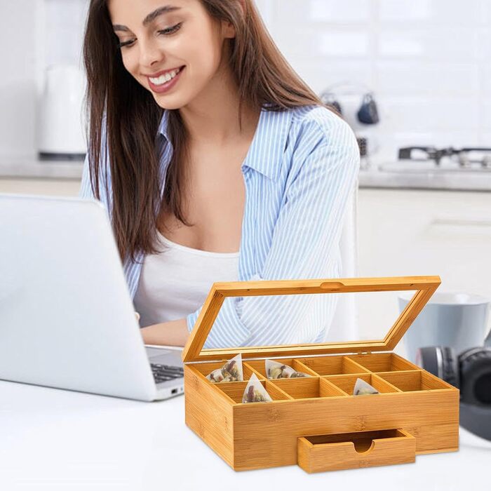 Органайзер для чайних пакетиків Generico, дерев&39яна коробка для зберігання чаю, органайзер для чаю з відділеннями, прозора акрилова коробка з віконцем, рішення для зберігання чаю, багатофункціональний органайзер, органайзер для ліків, стильний трима