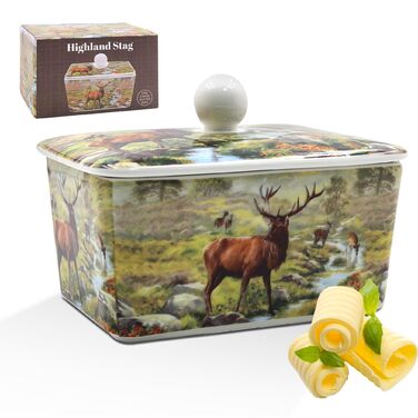 Маслянка з кришкою, китайська кераміка, з гарними акварельними мотивами, дизайн якої розроблено галереєю Дженніфер Роуз для Busy Bees (біла з ілюстрацією оленя натурального кольору)